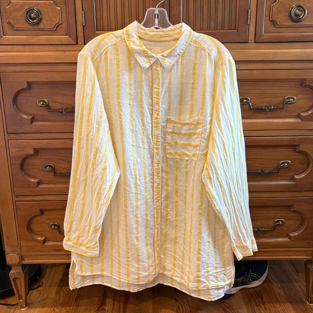 Anthropologie Maeve Linen Tunic Top Women 1X Yellow Striped Button Up nautical